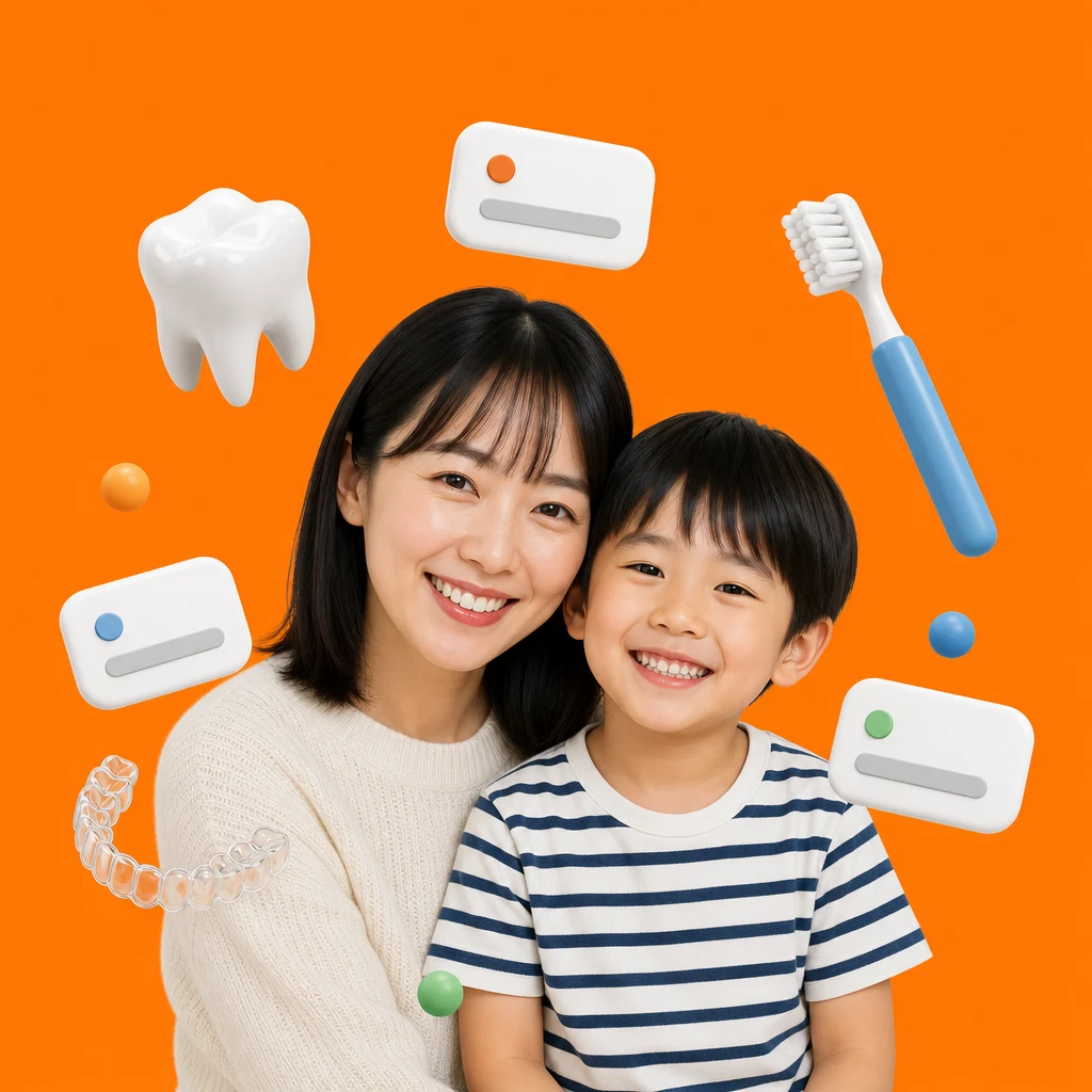 ほほえむ母と子、歯ブラシと歯の模型に囲まれて