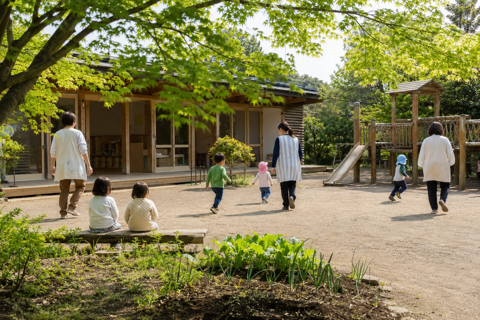 園庭で子どもと過ごす保育士たち