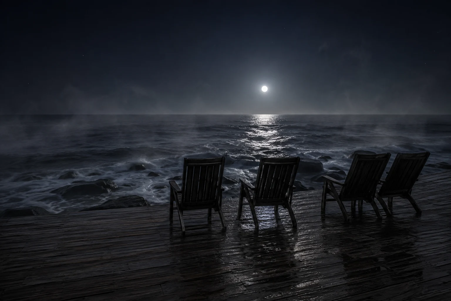 満月の光が海に伸びる夜の外気浴デッキと、海に向いて並んだ木の椅子
