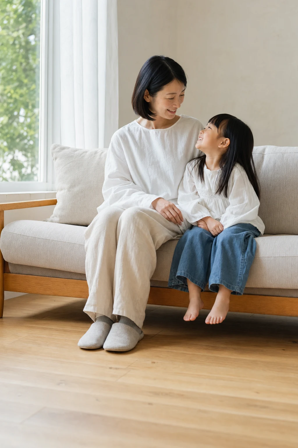 窓辺で子どもと過ごす母親