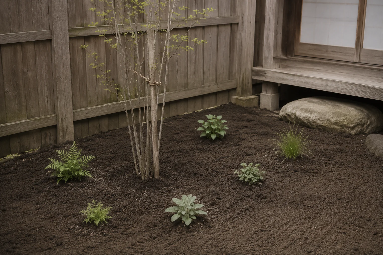 植栽工事を終えた直後の庭。幹を縄で束ねた細い株立ちの樹が立ち、下草はまだ離れて植わっている