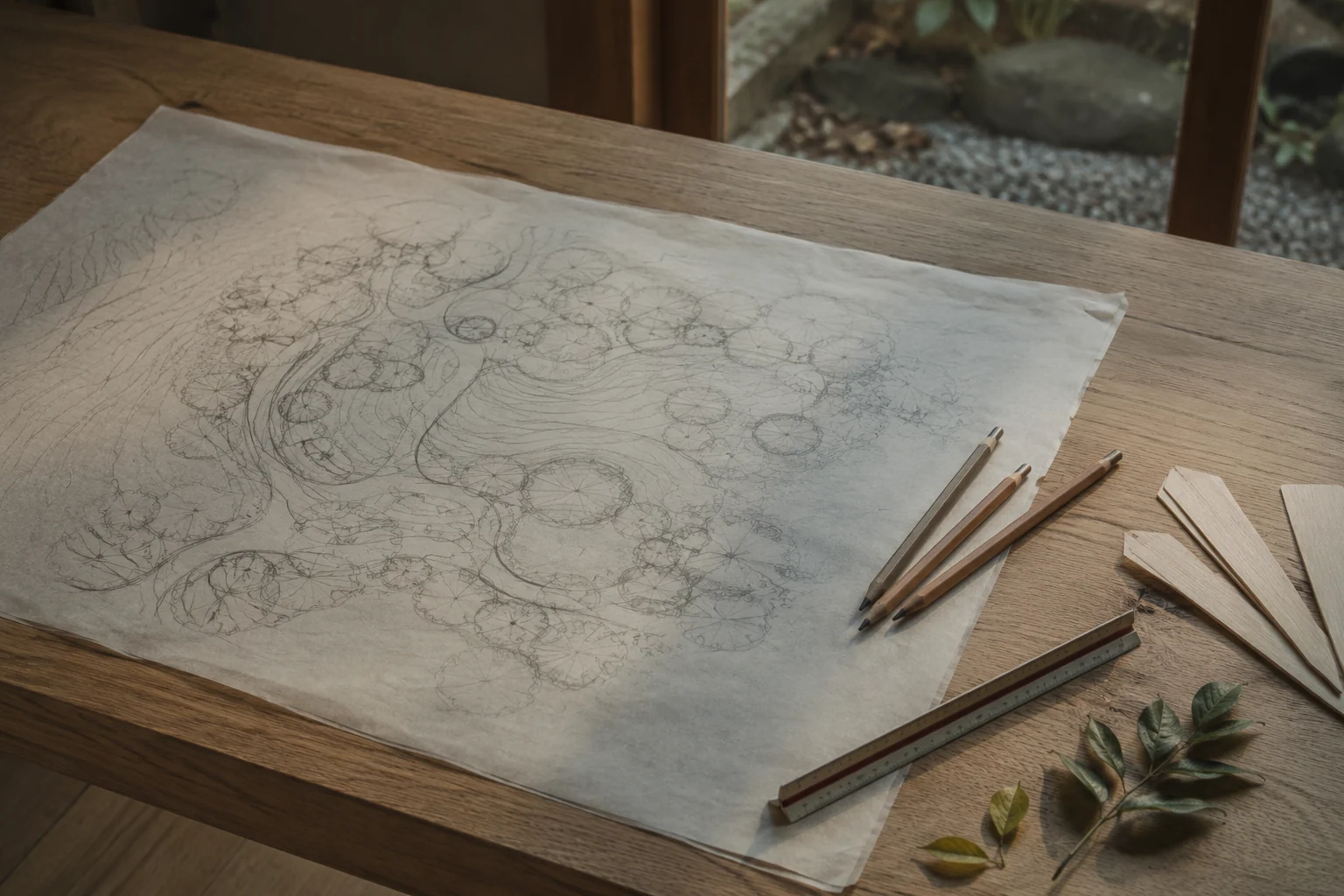 トレーシングペーパーに鉛筆で描いた庭の平面図と、鉛筆と三角スケールを置いた仕事机