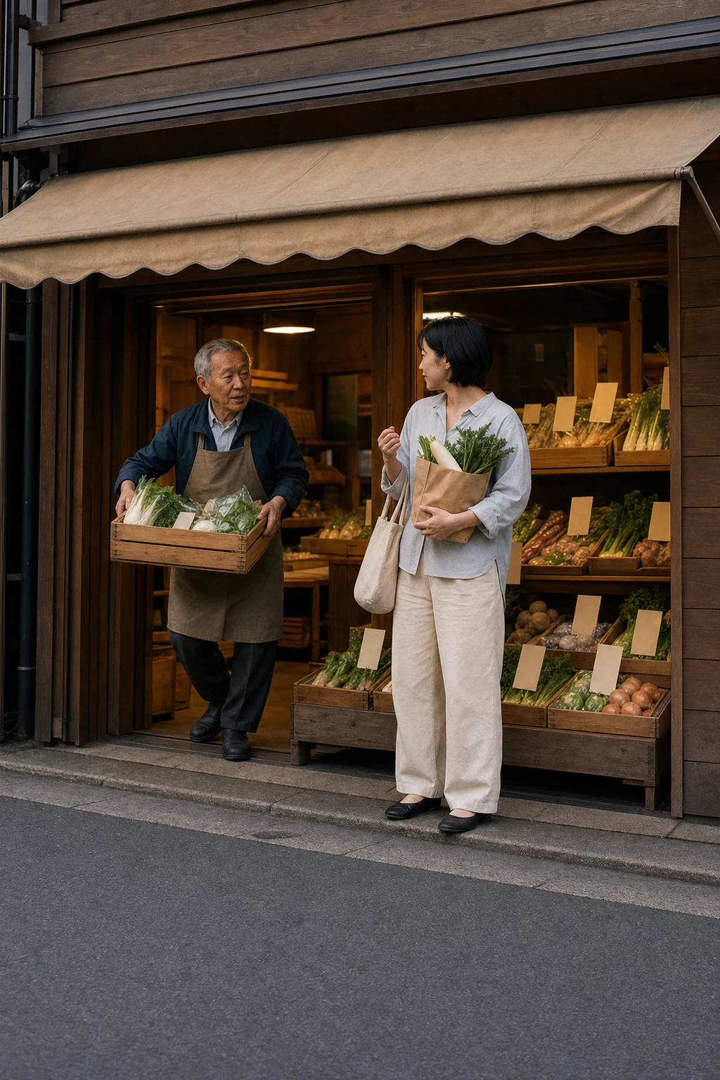 商店街の店主と言葉を交わす住人