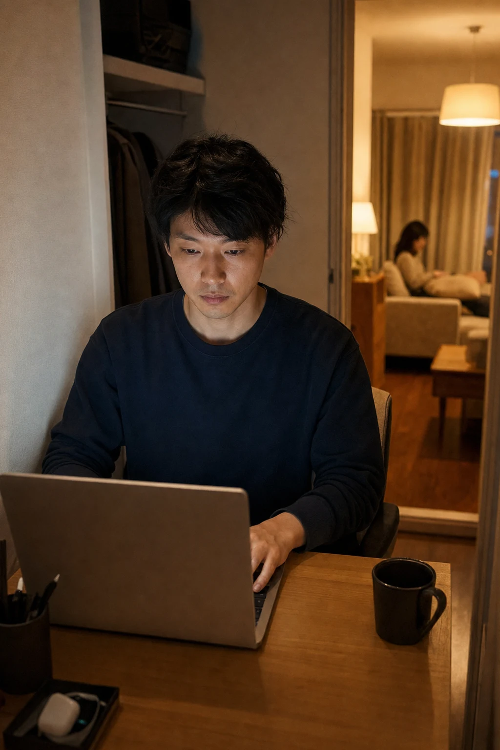 自宅の小部屋で夜に仕事をする人