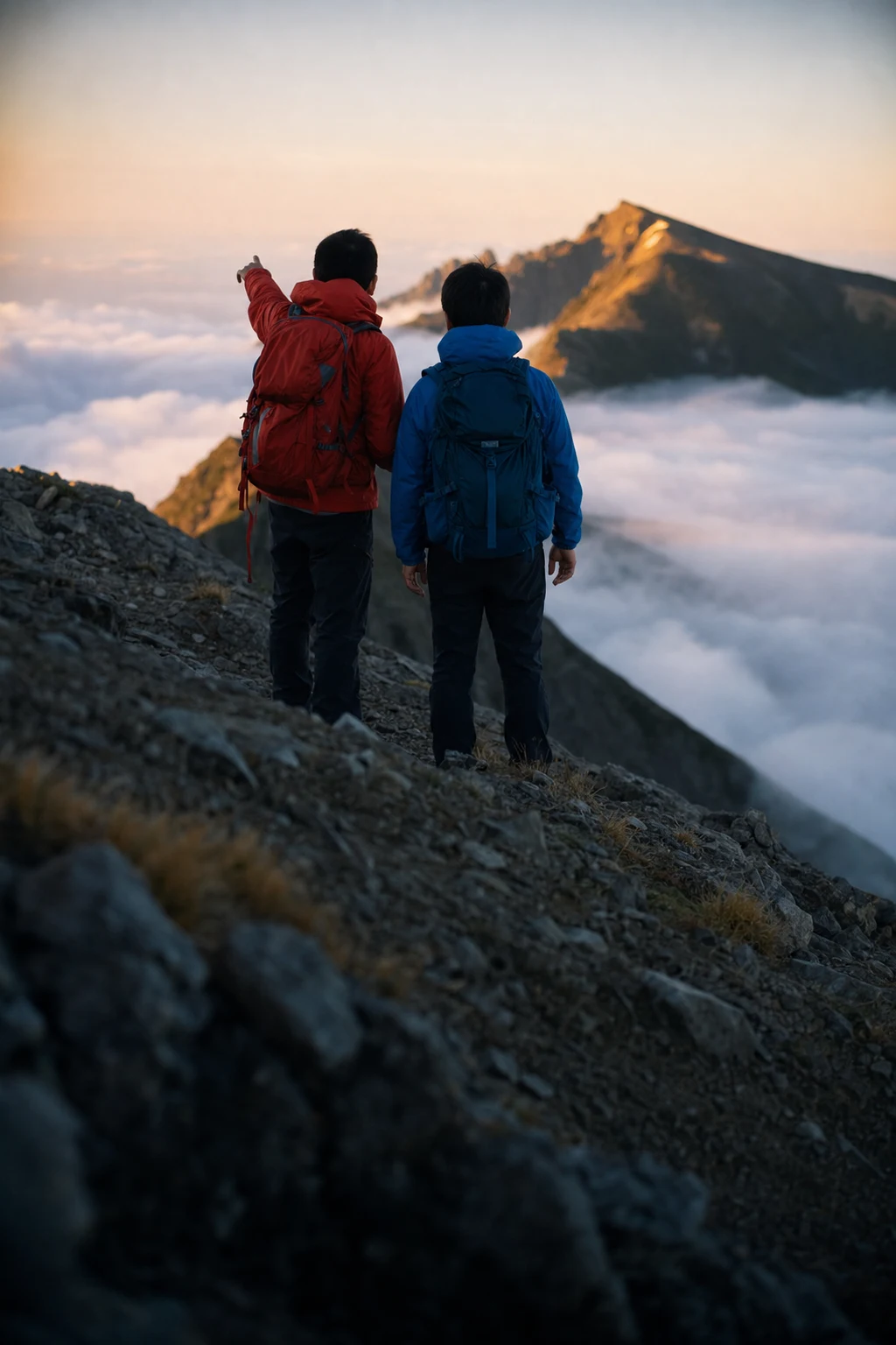 朝の稜線で次の頂を指し示すガイドと登山者
