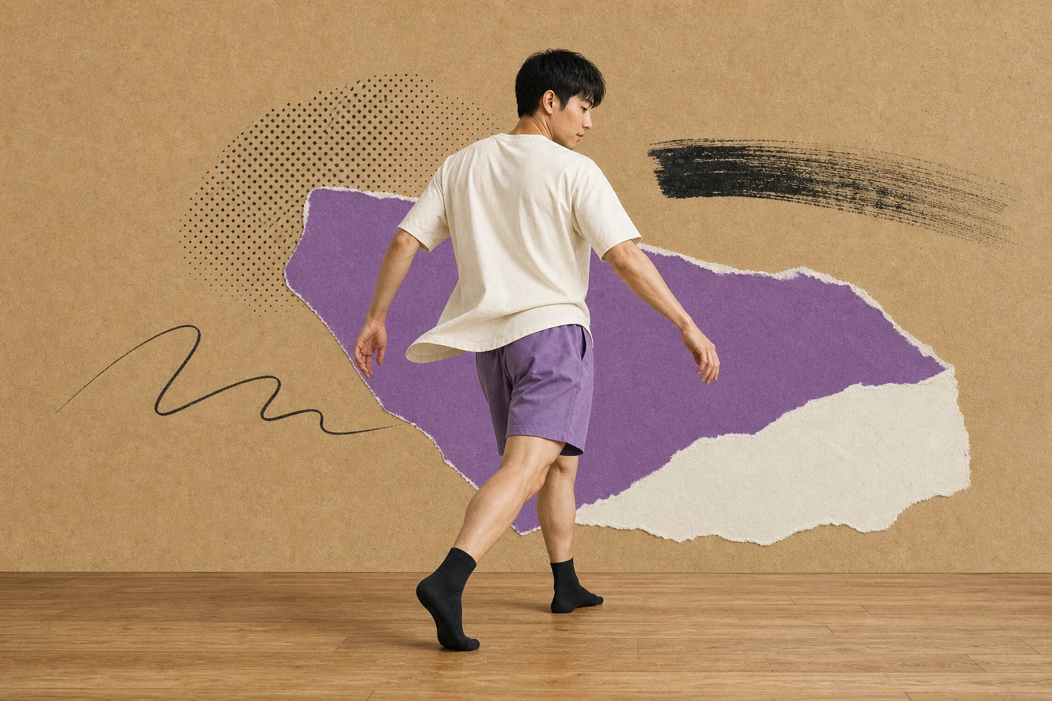 後ろ姿で、前足へ体重を移しながら次の動きへ移っていく男性のコラージュ