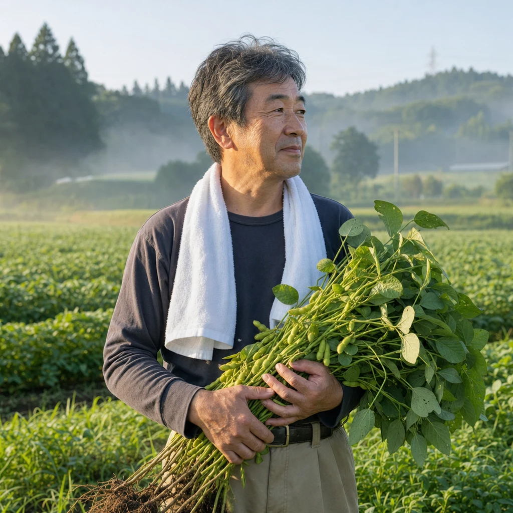 畑の縁に立つ枝豆の生産者