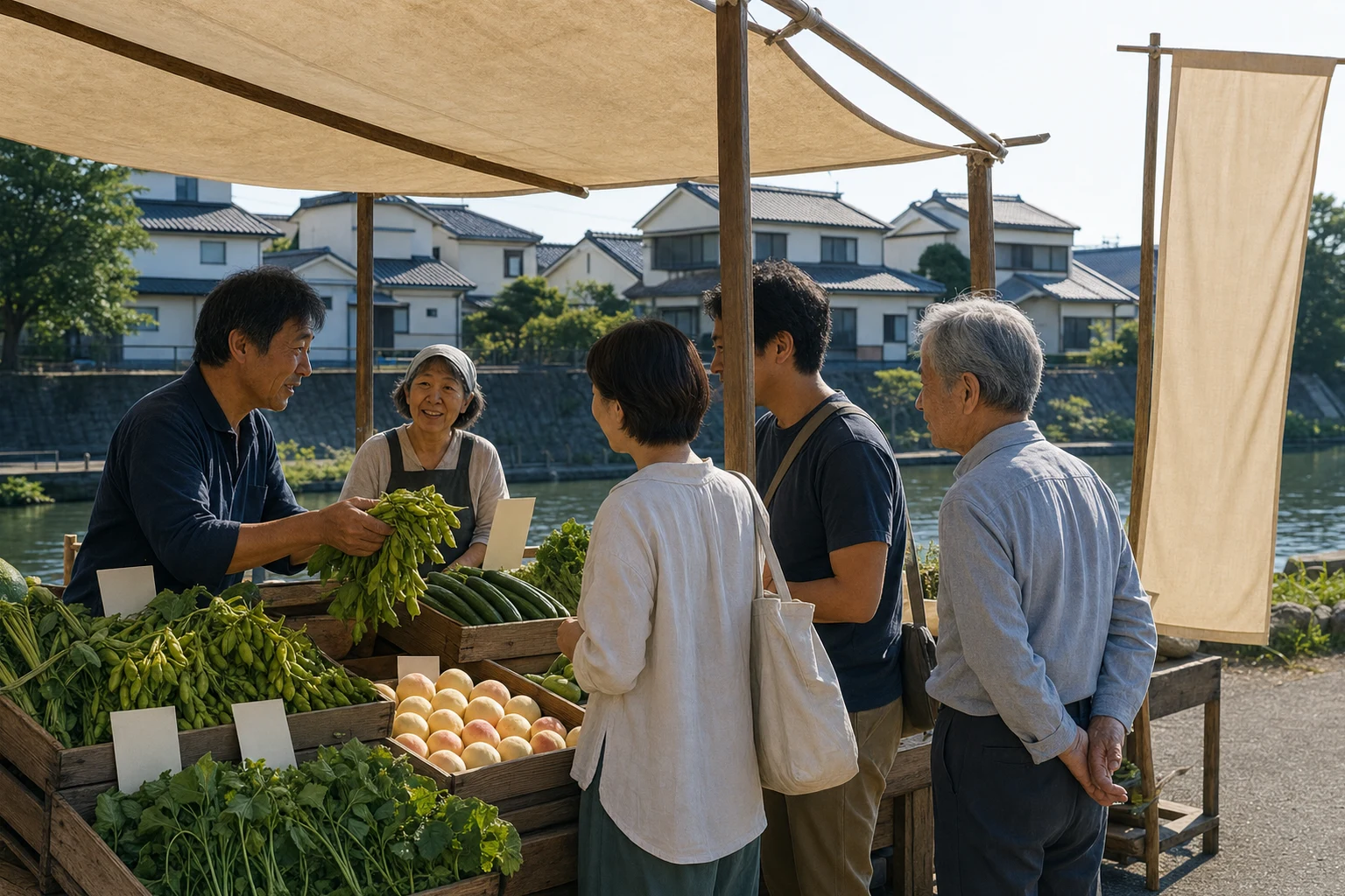 朝市に並ぶ夏野菜と、売り買いする人たち